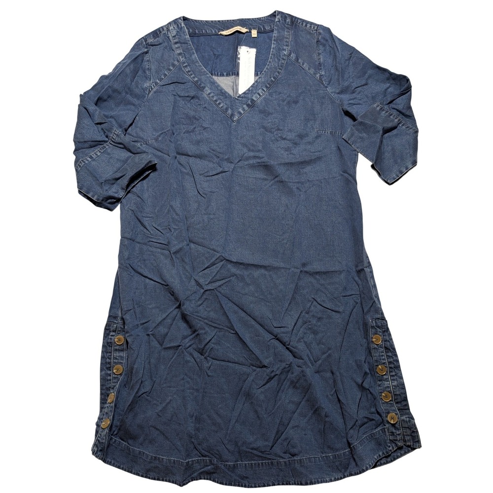 Soft Surrounds Women Large Blue Tencel Lyocell V-Neck 3/4 Sleeve Shift Dress NEW